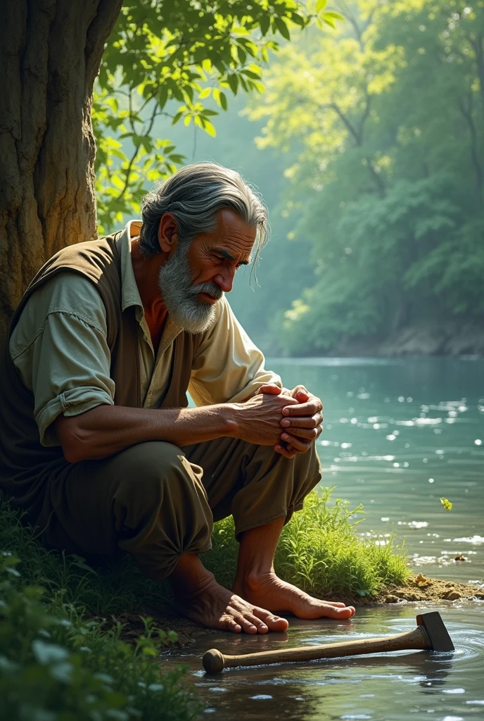 The woodcutter sat down by the river and started crying, for he had no money to buy another axe.
