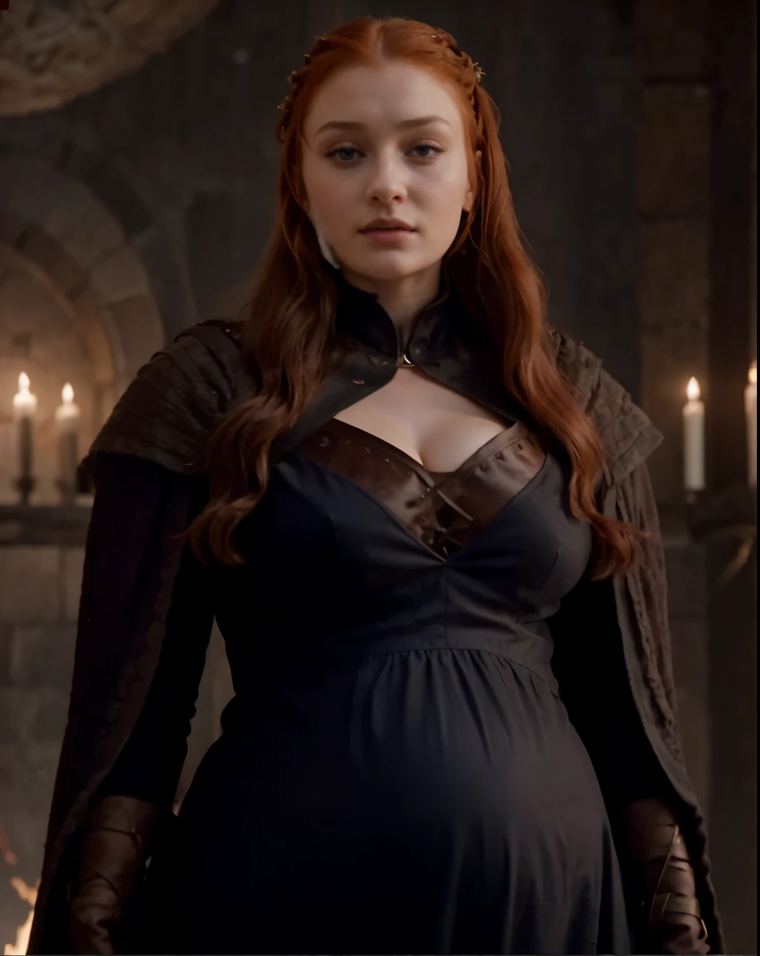 Face of Sophie Turner, Sansa Stark played by Sophie Turner, the de facto Lady of the Eyrie, is a 40-year-old mature queen with a stunning, alluring appearance. Full Face, pierced eyes, Big pregnancy body, reddish lips, upper body shot, erotic Mediaeval costumes, game of thrones costumes, She wears a Game of Thrones-inspired costume and has a deep cleavage, a perfect thick body, and a perfect thick figure. The photograph captures her in a close-up, with her skin texture and facial features being ultra-realistic and realistic. Breasts, Large breasts, Red Hair, High Resolution, Pregnant body, with babies