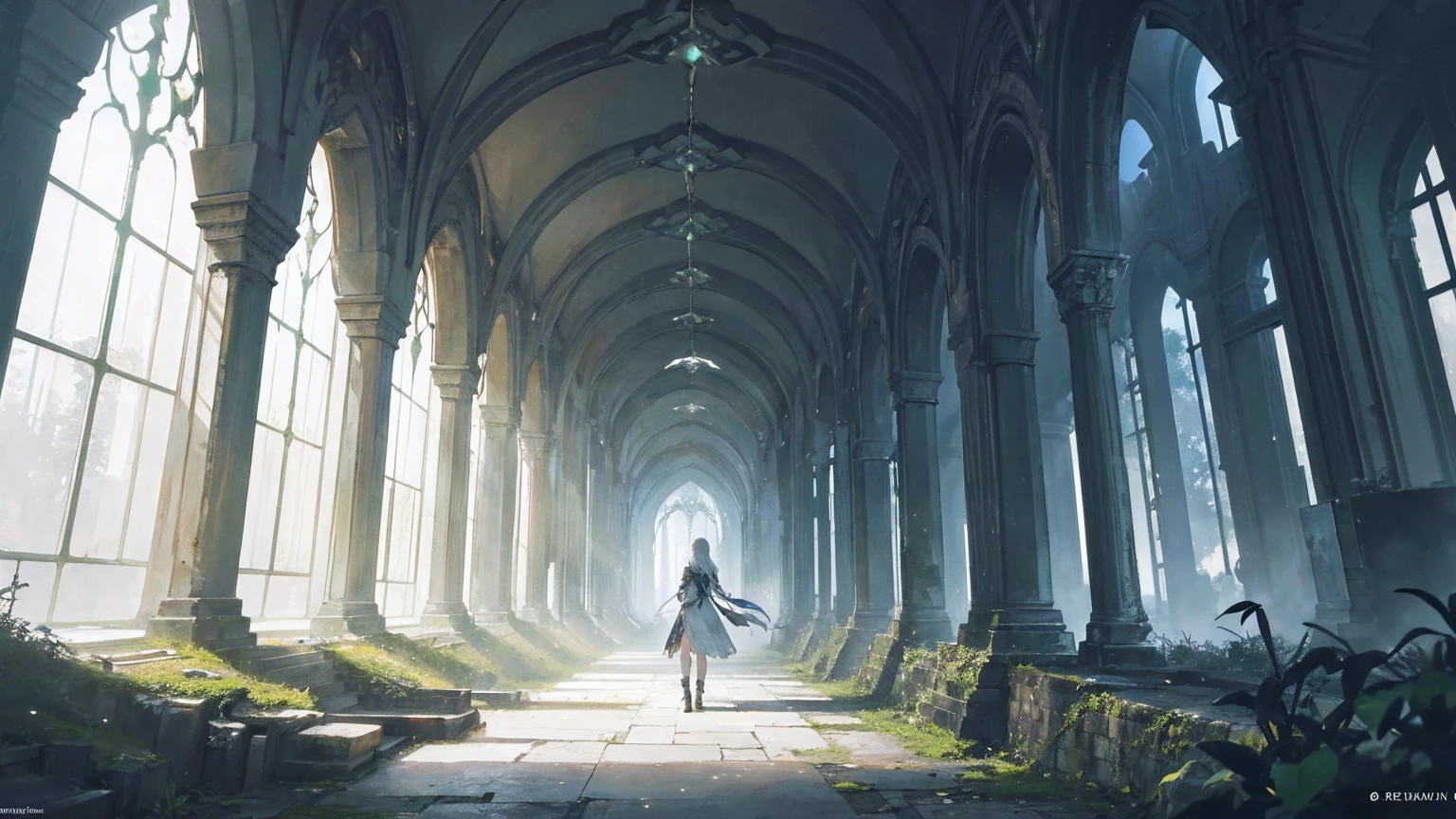 "Create a dramatic and atmospheric scene in the style of an anime/light novel, set in the depths of an ancient, abandoned elven hall within a castle. The environment should feel heavy and oppressive, with shadows filling the grand, empty corridors. Emerging from these shadows is a mysterious figure, slightly obscured but clearly determined and purposeful. The figure's footsteps echo through the empty halls, creating a sense of a powerful presence. This character, with a young appearance, white hair, and tattered clothing with green details, carries an aura of resolve and hope, symbolizing their mission to restore the fallen kingdom of Alderwood. The background should include remnants of a once-great civilization: broken columns, shattered stained glass, and overgrown vegetation hinting at a long-lost magical past. The ruins should convey both the weight of history and a sense of lingering magic. In the distance, faint glimmers of light can hint at the enchanted forests and treacherous mountains the character will eventually traverse. The overall mood should evoke both melancholy and the promise of renewal, setting the stage for an epic journey to reclaim the glory of Alderwood."