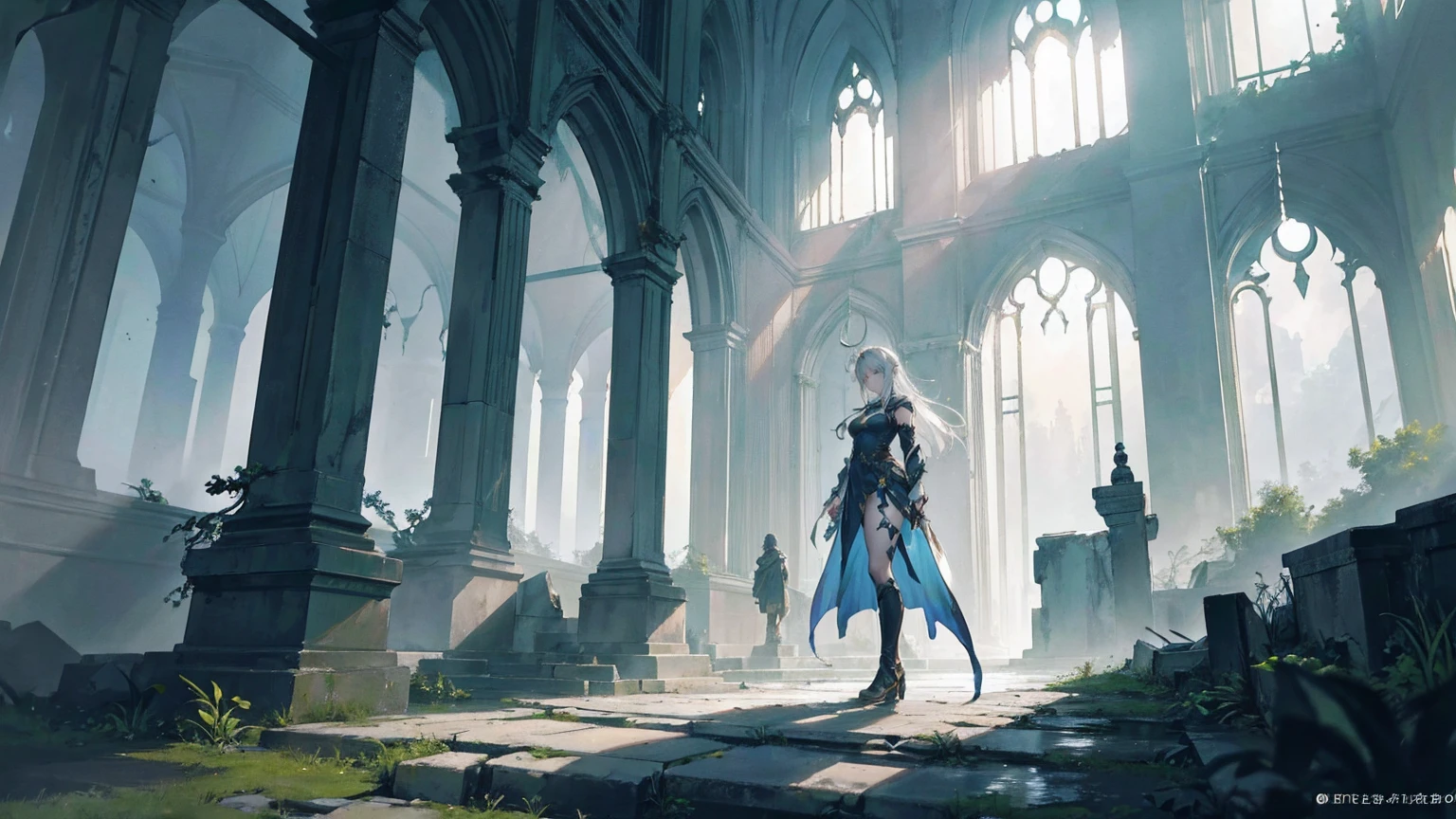 "Create a dramatic and atmospheric scene in the style of an anime/light novel, set in the depths of an ancient, abandoned elven hall within a castle. The environment should feel heavy and oppressive, with shadows filling the grand, empty corridors. Emerging from these shadows is a mysterious figure, slightly obscured but clearly determined and purposeful. The figure's footsteps echo through the empty halls, creating a sense of a powerful presence. This character, with a young appearance, white hair, and tattered clothing with green details, carries an aura of resolve and hope, symbolizing their mission to restore the fallen kingdom of Alderwood. The background should include remnants of a once-great civilization: broken columns, shattered stained glass, and overgrown vegetation hinting at a long-lost magical past. The ruins should convey both the weight of history and a sense of lingering magic. In the distance, faint glimmers of light can hint at the enchanted forests and treacherous mountains the character will eventually traverse. The overall mood should evoke both melancholy and the promise of renewal, setting the stage for an epic journey to reclaim the glory of Alderwood."
