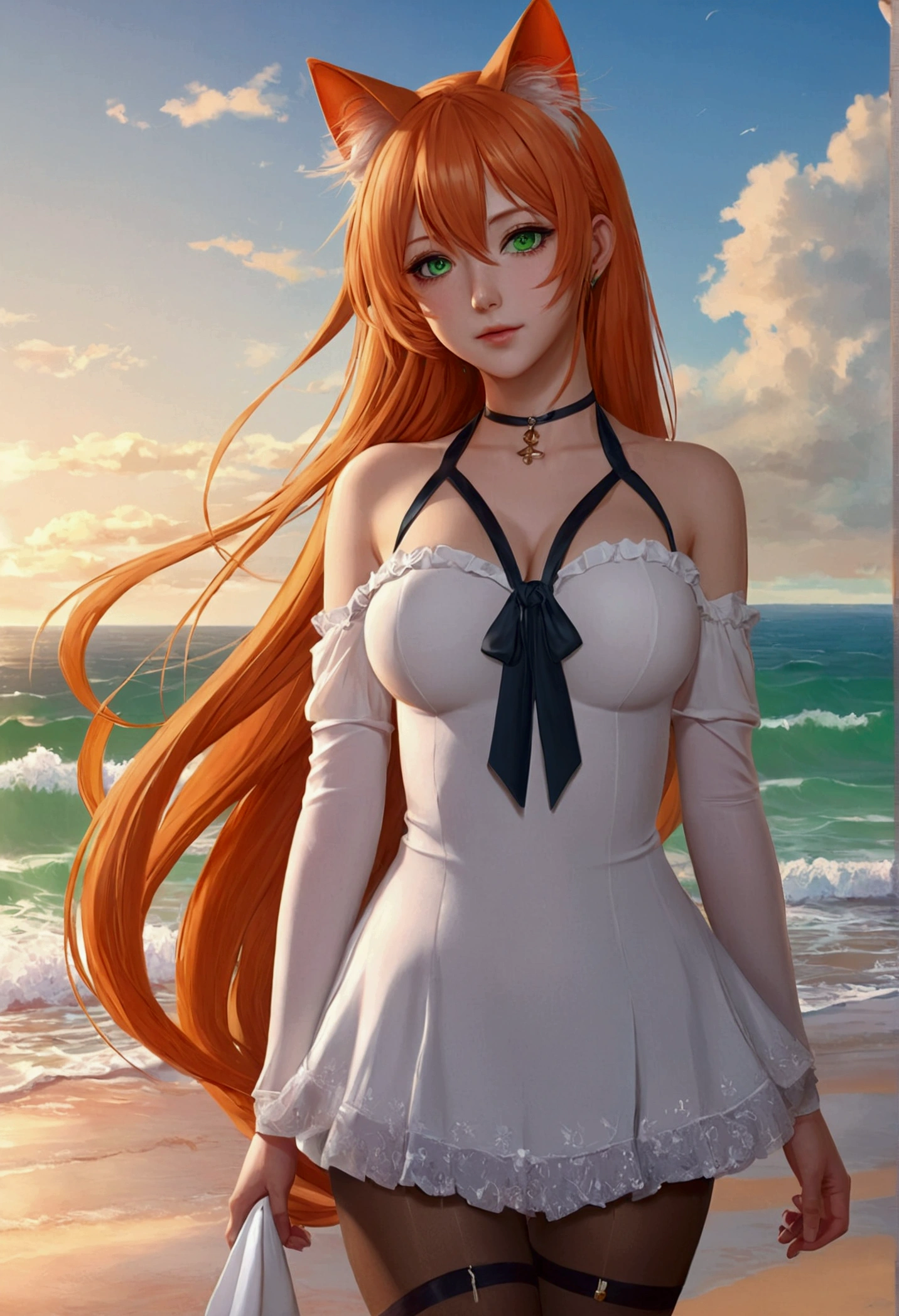 anime girl with long orange hair standing on beach near ocean, green eyes detailed digital anime art, cat ears, , anime girl with long hair, smooth anime cg art, anime girl with long hair, average breast size, digital anime art, artwork in the style of guweiz, beautiful anime portrait, photorealistic anime girl render, beautiful anime girl, advanced digital anime art, pantyhose, guweiz on artstation pixiv upscale HD UHD HQ