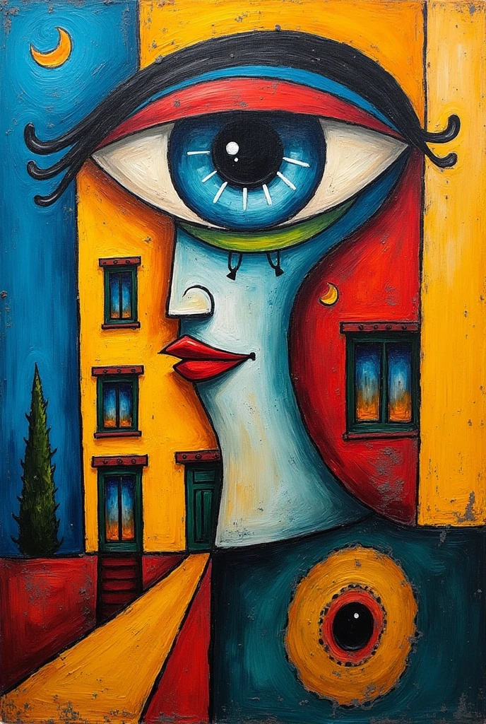 eye painted in Picasso style conceived as a building