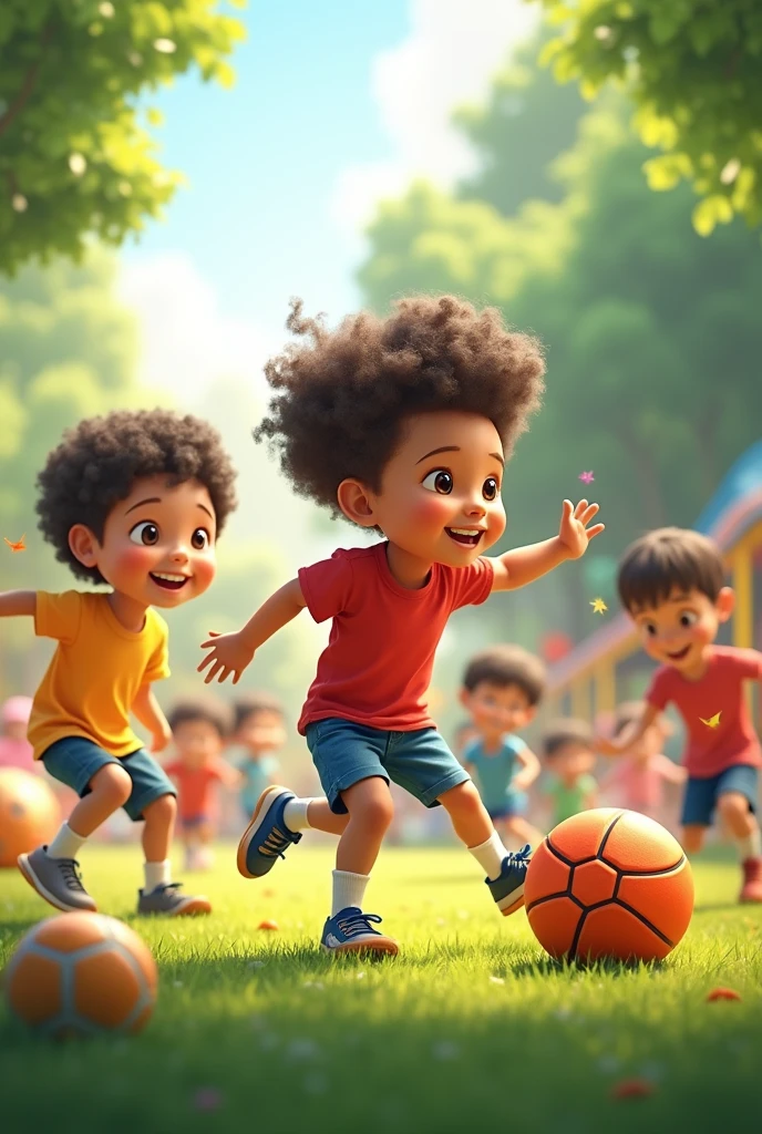 Children playing with sports things like balls happily 