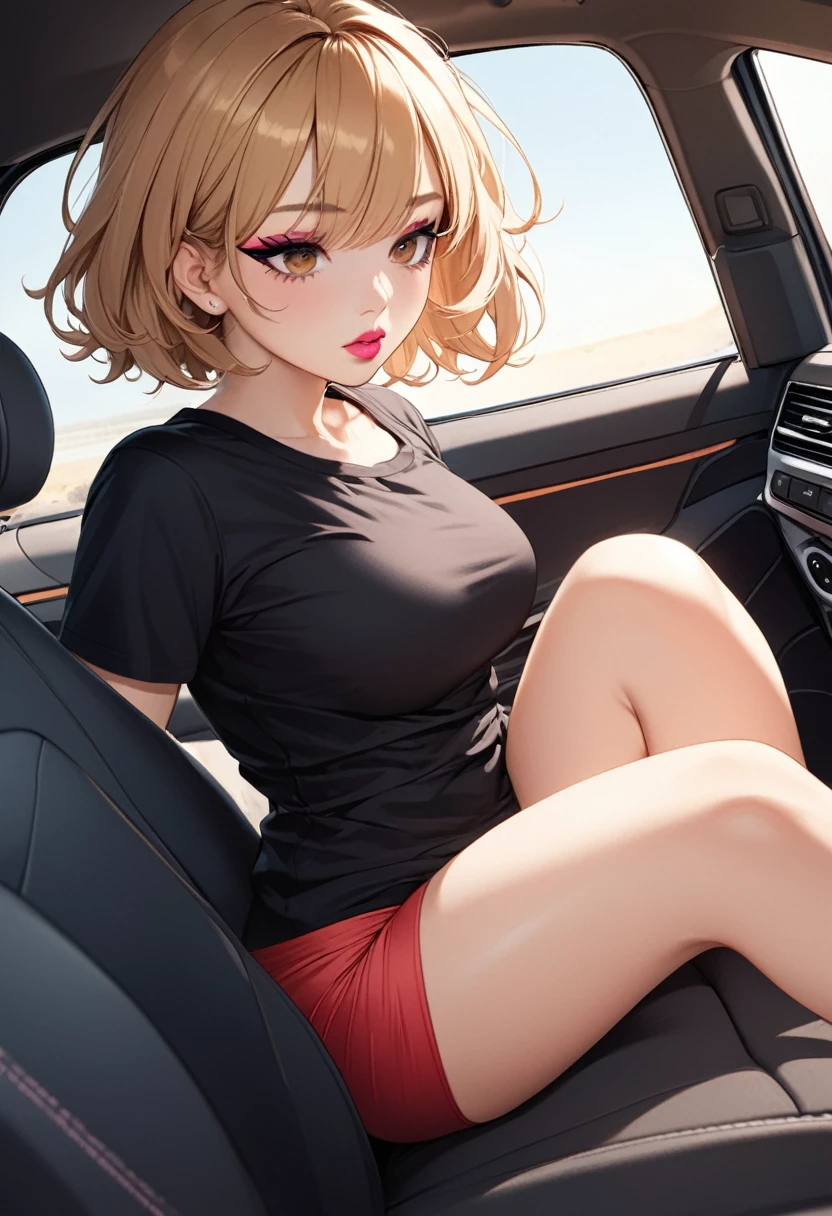 detailed illustration, dynamic angle, ultra-detailed, illustration, 1girl, , medium breasts, red bikini, short blonde hair, sandy blonde hair, brown blonde hair, brown eyes, black eyeshadow, eyeliner, thick eyeliner, pink lipstick, sitting in car, medium breasts, tight black shirt, lazy, bitch, tease,