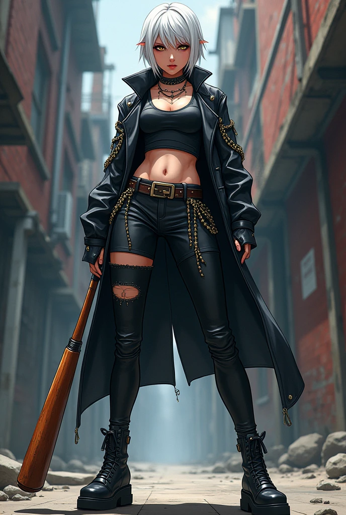 Anime version drawing of a female gang leader with an imposing presence, with short white hair and piercing eyes. His style is urban and aggressive, with leather clothes, tight pants and chunky boots, complemented by visible tattoos and striking accessories. She carries a baseball bat.