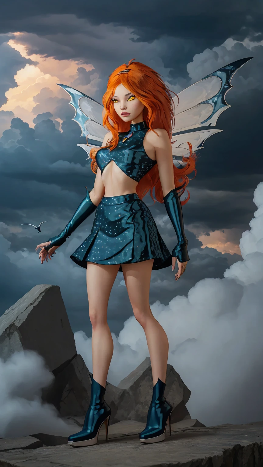 1girl, solo, ((pitiful)),Dark Bloom, orange hair, yellow eyes, boots, black skirt, gloves, black shirt, wings, sparkling clothing, masterpiece, best quality, Tweak_PrettyEyes:0.8 with a thunderstorm looming in the background, flock of migrating birds passing through