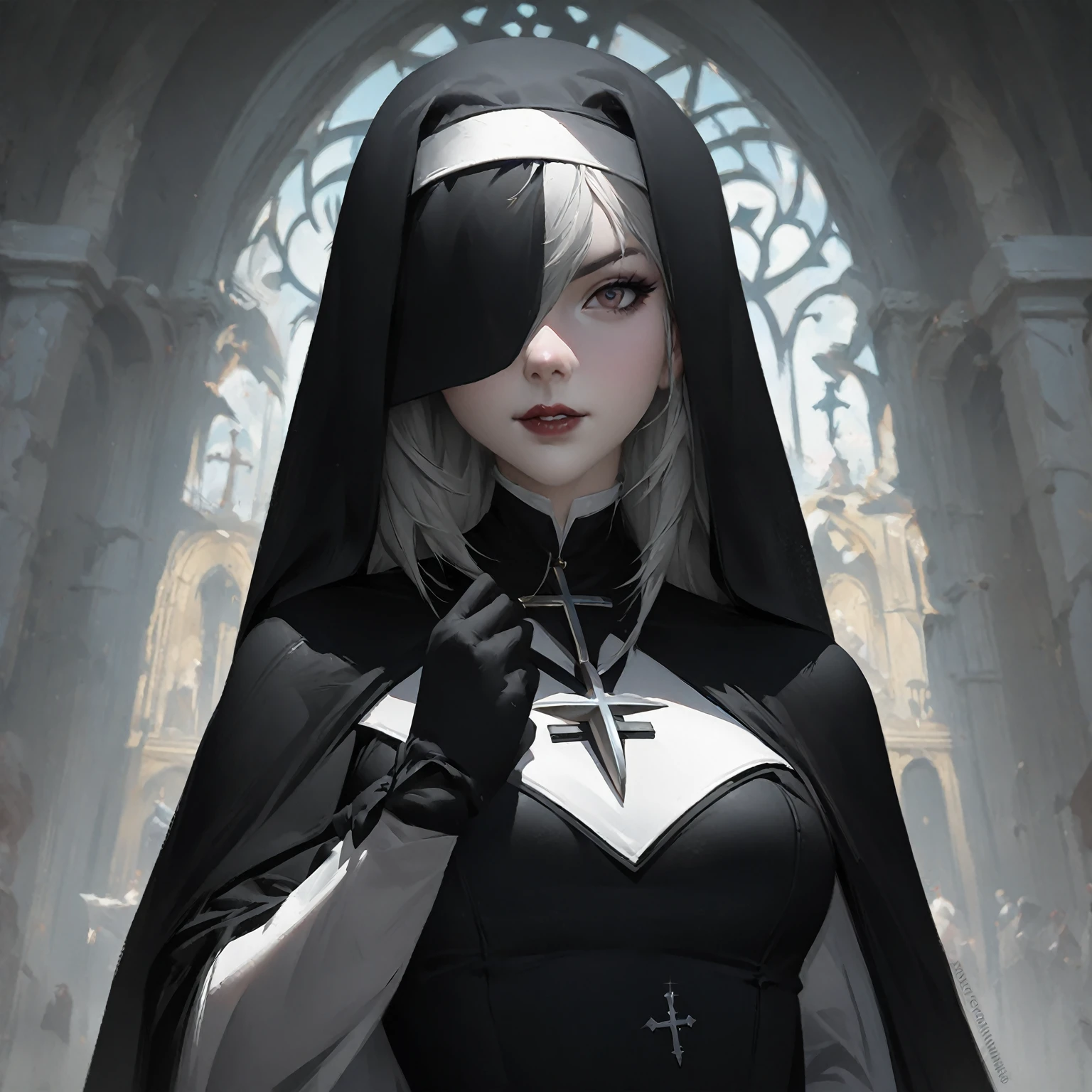 anime - style image of a nun with a cross and a black cape, trending on artstation pixiv, 1 7 - year - old anime goth girl, portrait of a holy necromancer, artwork in the style of guweiz, nun, digital art on pixiv, vampire nun, guweiz on pixiv artstation, gothic maiden anime girl