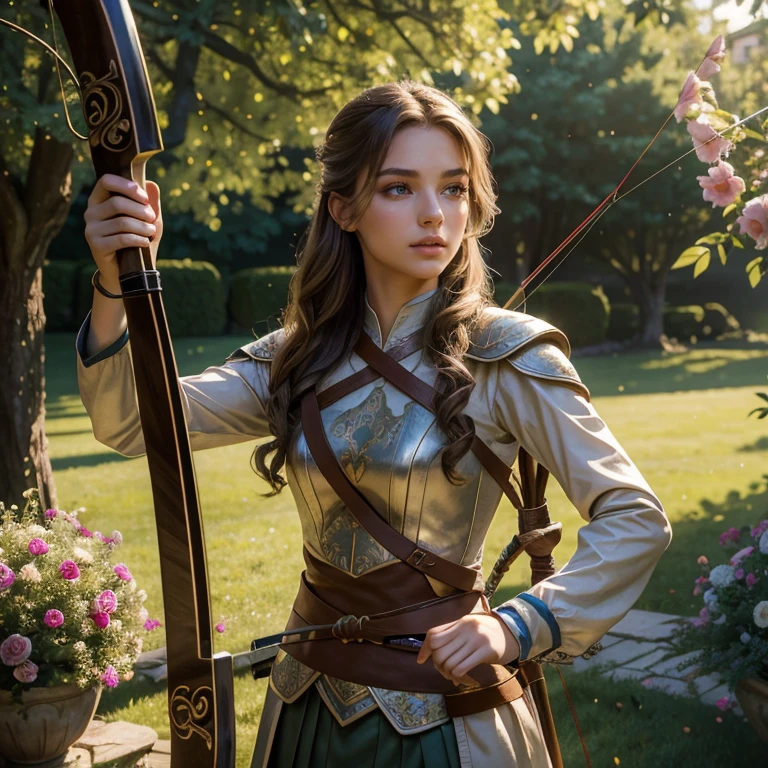 (​masterpiece, best quality:1.5), highest quality, High resolution, super detailed, Realists, Full body photo of a 22 year old brunette archer, detailed and beautiful eyes, beautiful detailed lips, very detailed eyes and face, longeyelashes, 22-year-old archer in noble silver armor with long trousers, Edle Details im Metal. Beautiful and colorful makeup, Instructions for bow and arrow, Gardens as background, soft daylight, bright colors, fine brushstrokes, Portrait style, beautiful color palette, glowing skin, First-class rendering, that captures every detail, enchanting atmosphere, subtle shadows and lights, (perfect ???????:1.2), (The stunning 22-year-old archer with bow and arrow.  (magnificent panorama view:1.2)