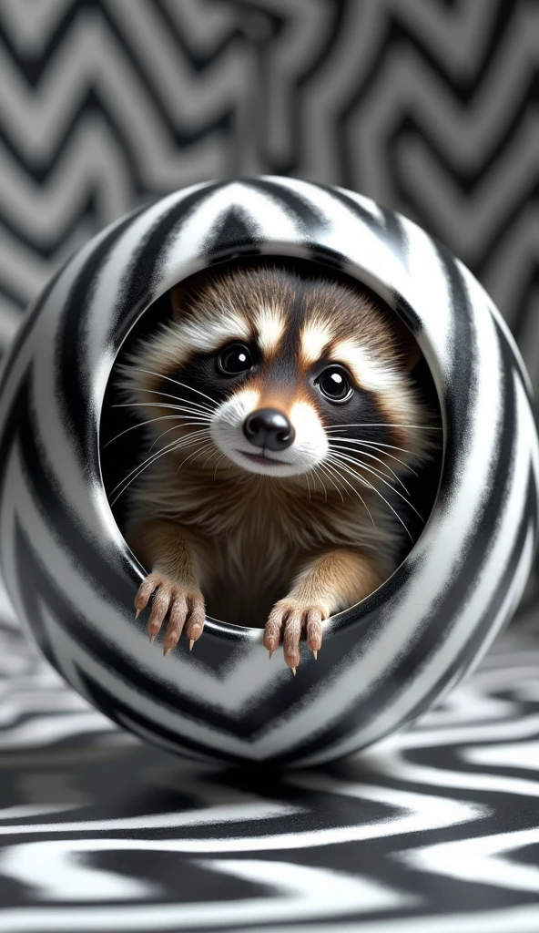An exquisite conceptual photograph featuring a remarkably fluffy baby raccoon, encased within a mesmerizing spherical object adorned with a captivating zig-zag pattern of alternating black and white colors. The optical illusion creates the impression of the sphere defying gravity, floating gracefully above the background. The background, also exhibiting a striking zig-zag pattern in black and white, adds depth and contrast to the artwork. This visually striking composition masterfully combines elements of photography, 3D rendering, and optical art, resulting in a breathtaking and imaginative scene., 3d render, conceptual art, photo