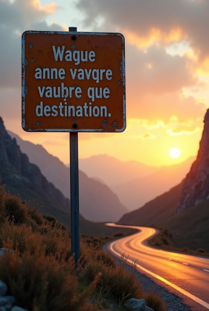 Prompt : Un panneau routier usé dans un paysage accidenté, avec la phrase "Le succès n'est pas une destination, mais un voyage." En arrière-plan, une route sinueuse disparaît dans un coucher de soleil, symbolisant le voyage vers le succès. Texte en Français 
