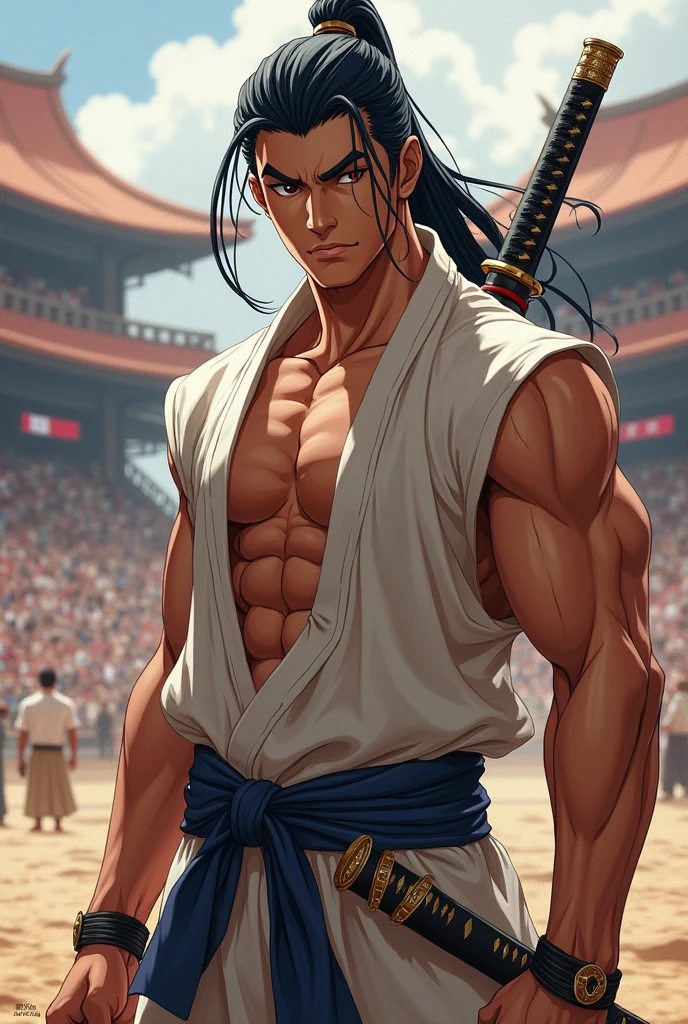 Create an image of a muscular man with long black hair tied up, brown eyes in anime style smiling from the corner with 1.80 meters wearing light clothing and holding a katana resting on his shoulder in a battle arena