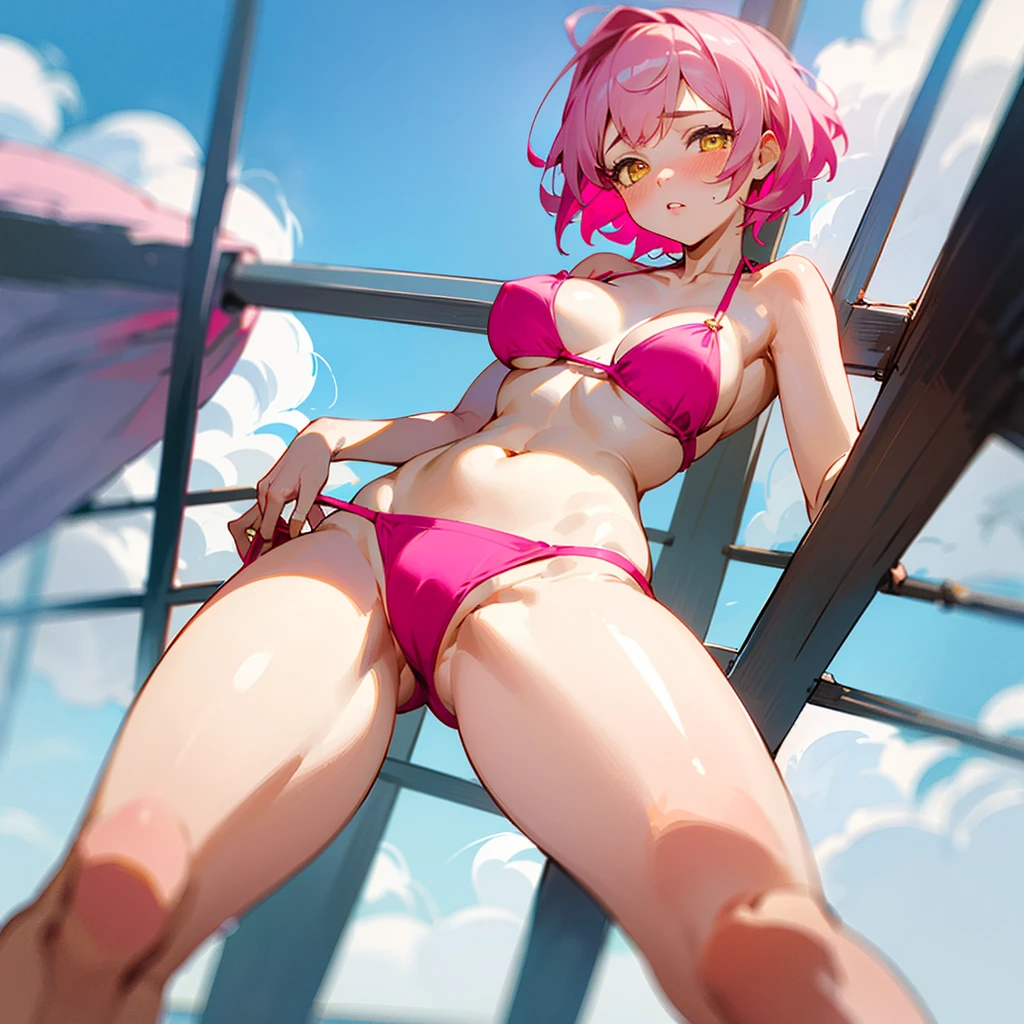 ((Best Quality)), ((masterpiece)), (Best Quality), 1 beautiful girl, big thighs, pink and y bikini, scantily clad, short pink hair, yellow eyes, blushing, view from below, playa
