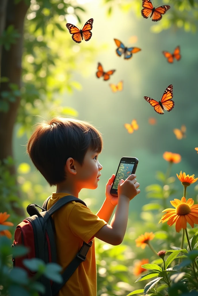 A boy taking photos of butterflies in nature by mobile.