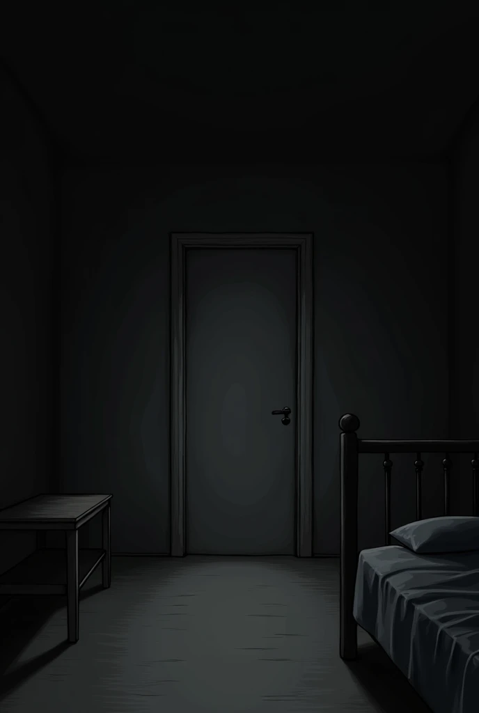 Drawing of an empty room where you can only see the door, I want it dark,Now I want you to make a bed far from the door and position it with the head facing the wall on the left side and the bed should be far from the door but on the same line as the door.
