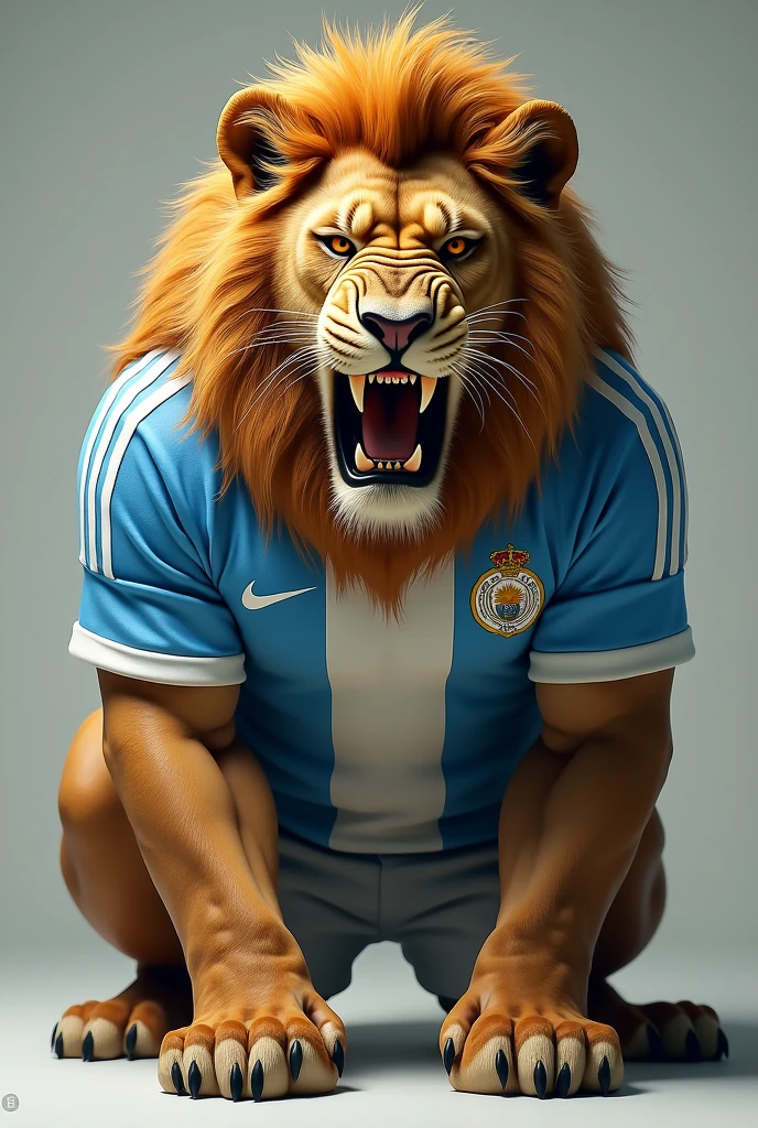 Body of a lion wearing an Argentina shirt with an evil face