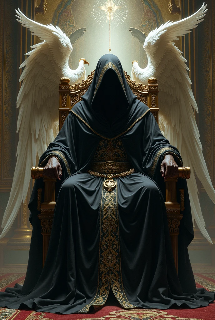 Black man sitting on a throne with a veil covering his face and a floor-length robe with seraph angels flying around