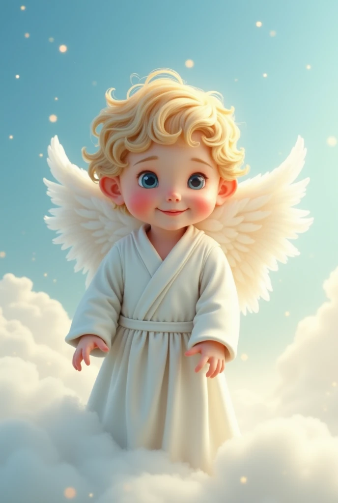 "Create an image of a guardian angel who looks like a child. The angel should have small, delicate wings with soft, shiny feathers. Dress him in a light, white robe that flows in an ethereal manner. The background could be a clear blue sky with soft clouds or a tranquil celestial landscape. The angel's expression should be innocent and welcoming, conveying a sense of protection and comfort."