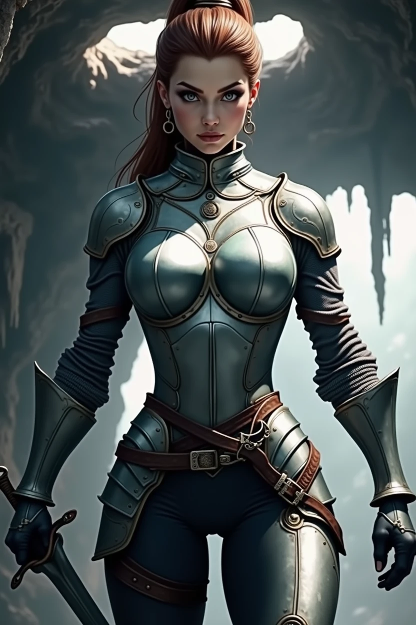 Knight Ivan, Fighting the dragon, In a dark cave, masterpiece:1.2, ultra detailed, realistic:1.37, Sharp Focus, bright colors, hips, Dramatic chiaroscuro, Horror, Kingdom's Delight