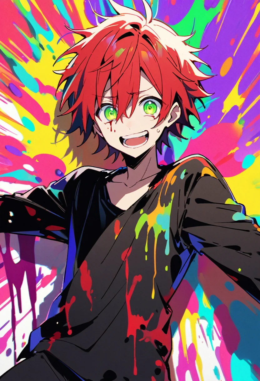 High resolution、Anime boy with red hair and green eyes looking at the camera.、bright Eyes、Wear black clothes、colorful background、my hair is messy、Shadow body、bleeding、blood splash、dying、Laugh
