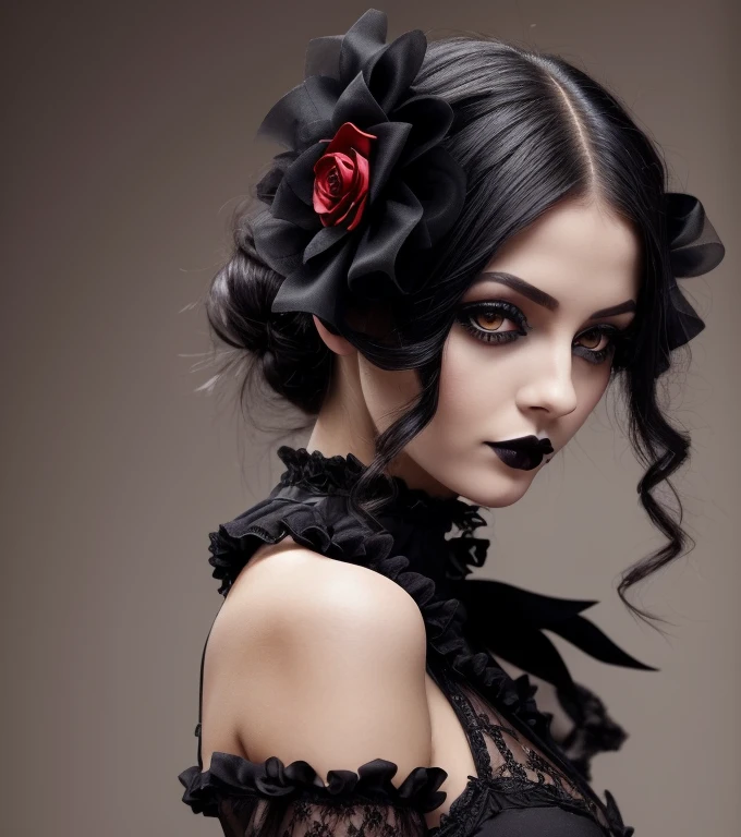 ((((((European Goth Girl, 16 years)))))), (((in a very long, fluffy dress with many skirts on wide straps in a small pattern in the Gothic style, lace gloves above the elbow))), (((((deep neckline))))), beautiful female figure, ((((full body shot from head to toe)))), very erotic pose, thin waist, high facial detail, Photorealistic, 8k, 16K, cinematic lighting, sexy angle, Beautiful bright eyes, lustful look, plump sexy lips, beautiful holiday hairstyle, Beautiful cosmetics, Jewelry, Sharp Focus, complex parts, bright colors, warm color palette, super detailed photography, soft light, high-fashion, Glamour, 