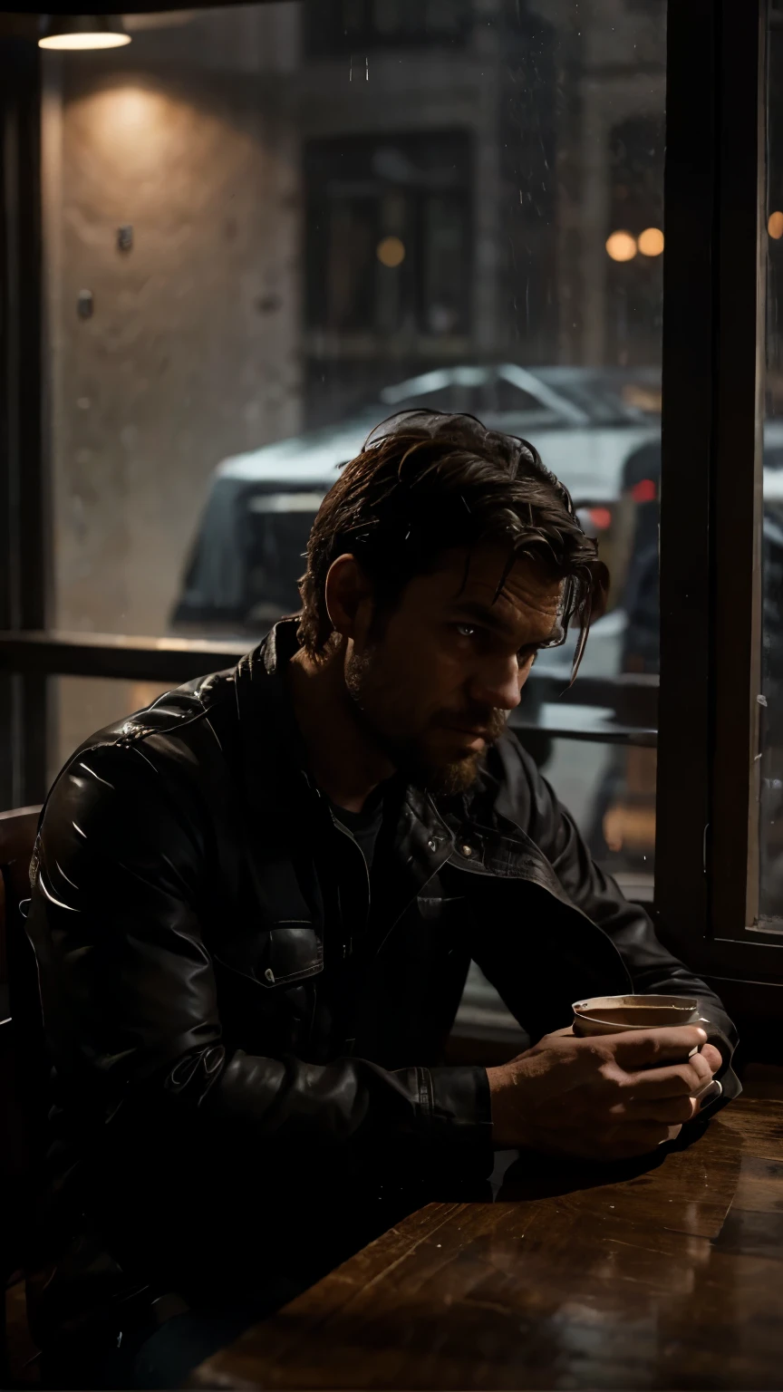 A man with a rugged look, sitting alone in a dimly lit café, a cup of coffee in front of him, while he pensively stares out the window at the rain.