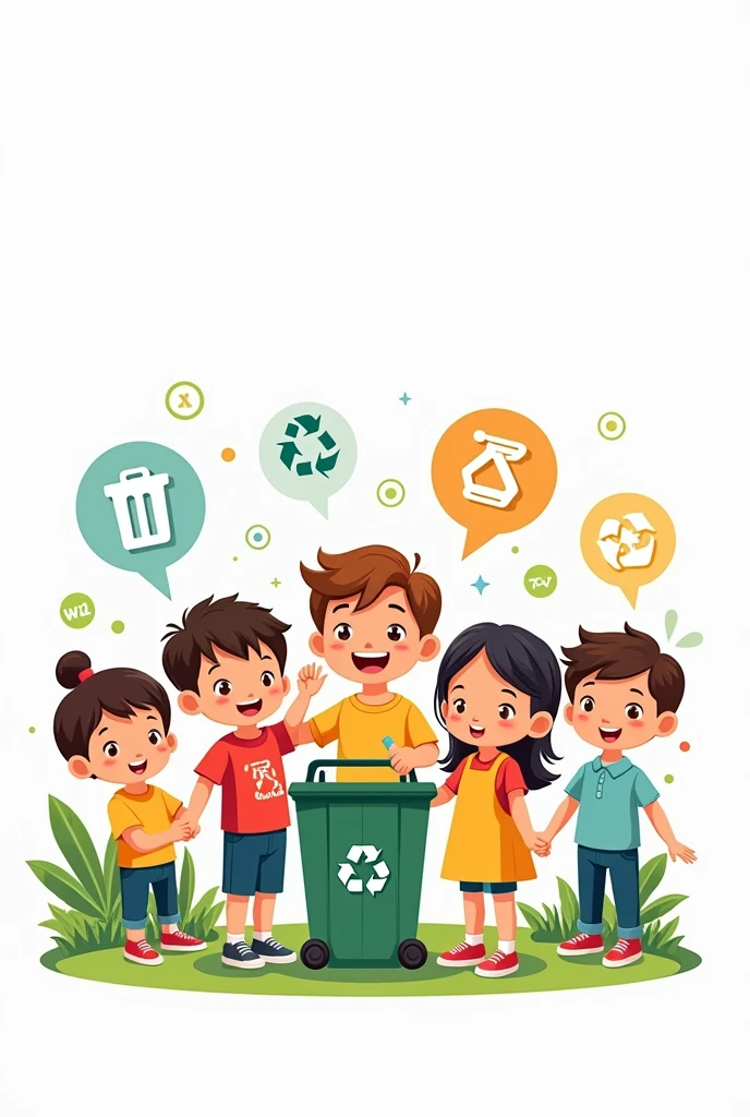 Garbage collection school advertising campaign 2d drawing white background children simple cartoon
