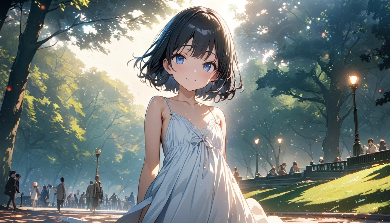 ((ultra-detailed))/ (one women with short black hair and bob hair.、beautiful blue eyes,.、smile、gentle smile on her face、flat chest, one Beautiful girl,((masterpiece, illustration, best quality) ((ultra-detailed))/), walking around central park, wearing a white dress,濃い青とBeautiful Blueのグラデーション, High resolution, 8K HD detail, hyper-detail, cinematic, surrealism, soft light, deep field focus bokeh, ray tracing and surrealism. --v6