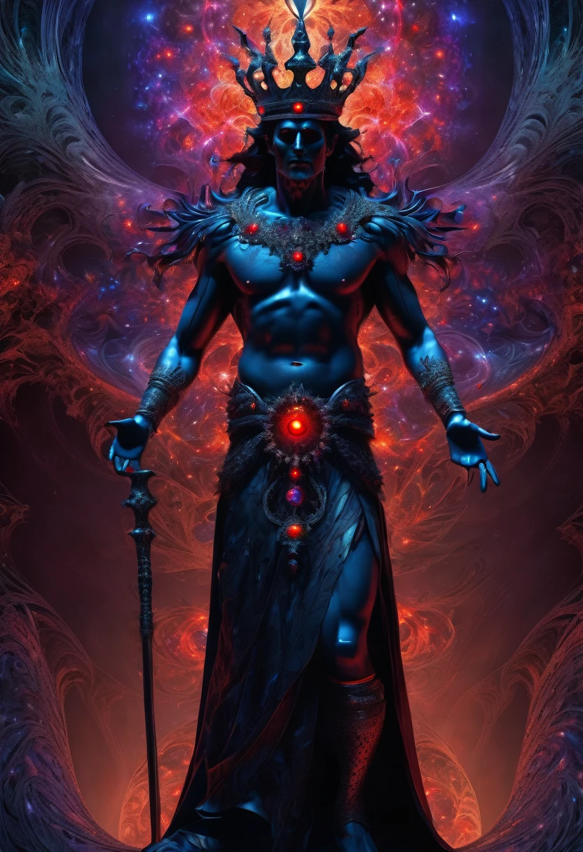 God of the undead as a King,displaying his own power.((resurrection,unnatural, parasite of life, cold, soulles)),((black,indigo,red)),(( Full figure wiew)). ((Three quarter wiew)).((fractal)),((deep wiew)),warp space scenario background,photographic,ultra high resolution,hyperdetailed, masterpiece, 3d modelling, digital art.