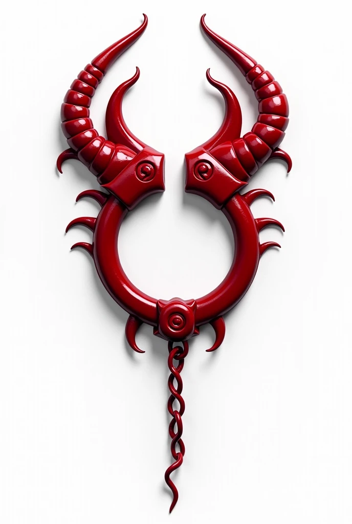 (logo design) sexy evil logo, a sexual striking red handcuff, adorned with demon horns and a sinuous chain tail extending from the base, dynamic and bold, emphasizing a dark theme, glossy finish, high-resolution, creating an impression of sexuality and power. White background.