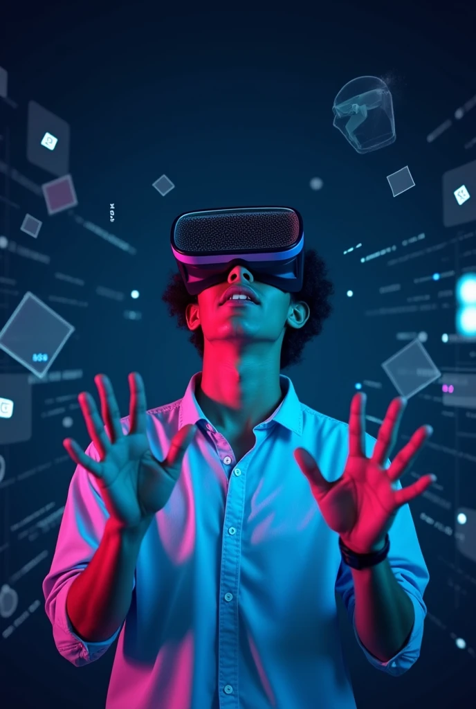 Create an image featuring a young person with a gender-neutral appearance, centered in the frame, wearing a sleek and modern pair of virtual reality (VR) goggles. The person should be slightly leaning forward, with an expression of fascination and deep immersion. Their hands should be raised in front of their body, as if they are interacting with an invisible virtual environment, manipulating digital objects.
The background should be predominantly dark to match a modern, tech-savvy aesthetic, but illuminated by streams of blue and purple light emanating from the VR headset. This lighting should create a high-tech, futuristic atmosphere. Surround the person with floating lines of code, 3D graphics, and semi-transparent digital symbols to suggest they are shaping or navigating a digital world.
Reflections of these digital elements should be visible in the VR goggles to emphasize the immersion. The composition should be dynamic, with a slightly tilted angle to add movement and energy, conveying a sense of innovation and digital transformation.