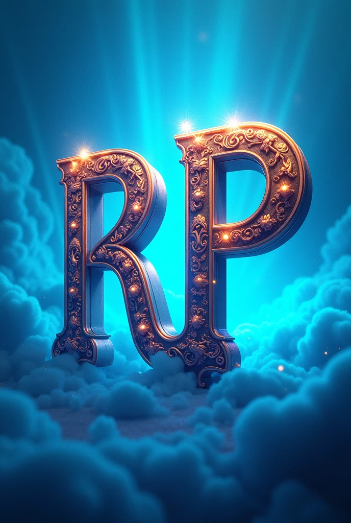 Make a 700 x 700 image with a light blue animated setting and the letters RP centered and large with legendary lettering, do it like an advertising poster