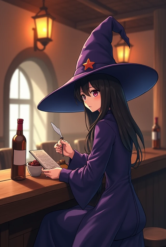 A wizard with a big wizard hat, hanging out in your guild&#39;s tavern. anime styling, fancy.