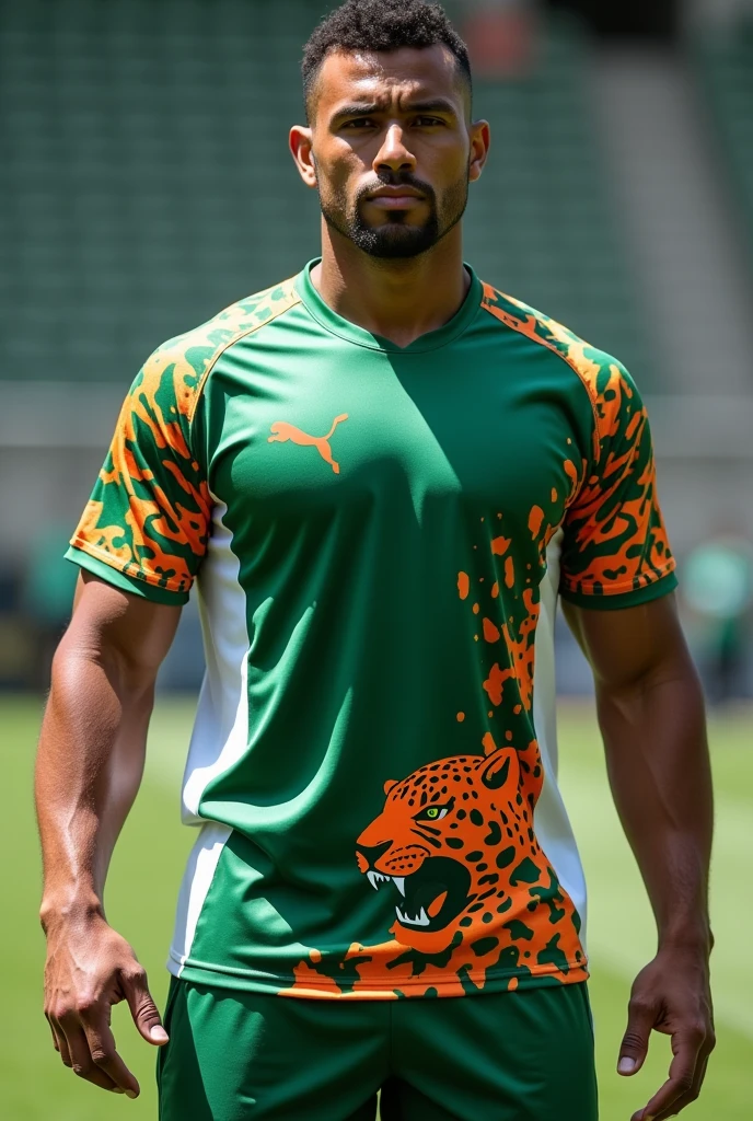 Complete athletic uniform in moss green and white colors, jaguar painted all orange camouflaging itself with the shirt with its mouth open on the lower left side of the shirt