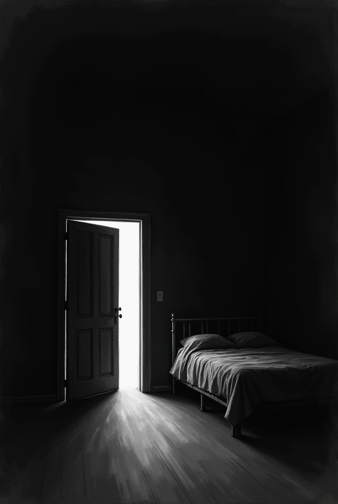 Drawing of an empty room where you can only see the door, I want it dark,Now I want you to make a bed far from the door and position it with the head facing the wall on the left side and the bed should be far from the door but on the same line as the door., a porta deve estar aberta
