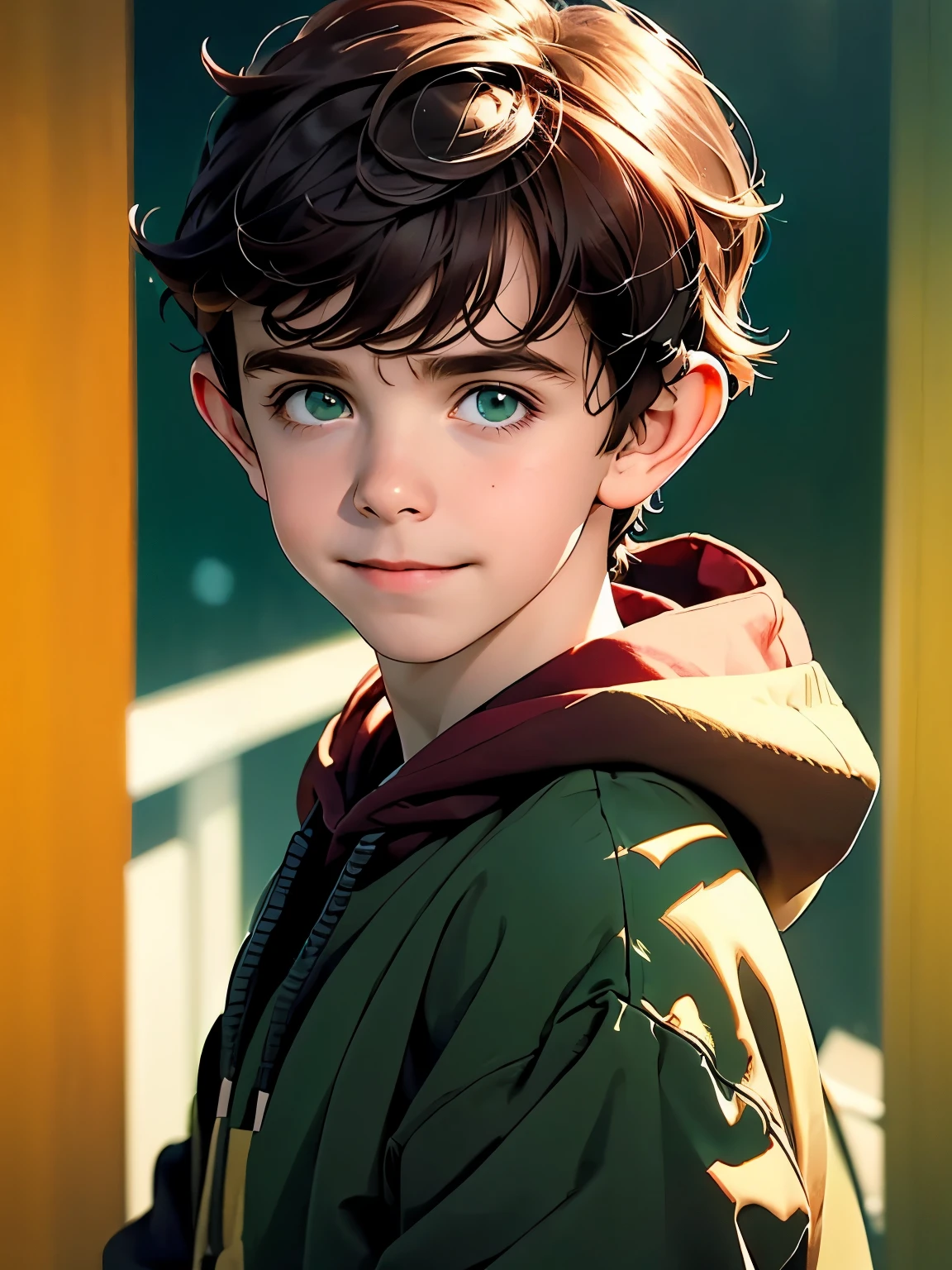 Portrait, 10 year old boy, young boy, cute, (freddie highmore), (Kyan), dark red hair, expressive green eyes, mischievous smile, cheeky grin, wearing a maroon hoodie, simple background, Highres, Masterpiece, Best quality, highly detailed, portrait view, super realistic hair