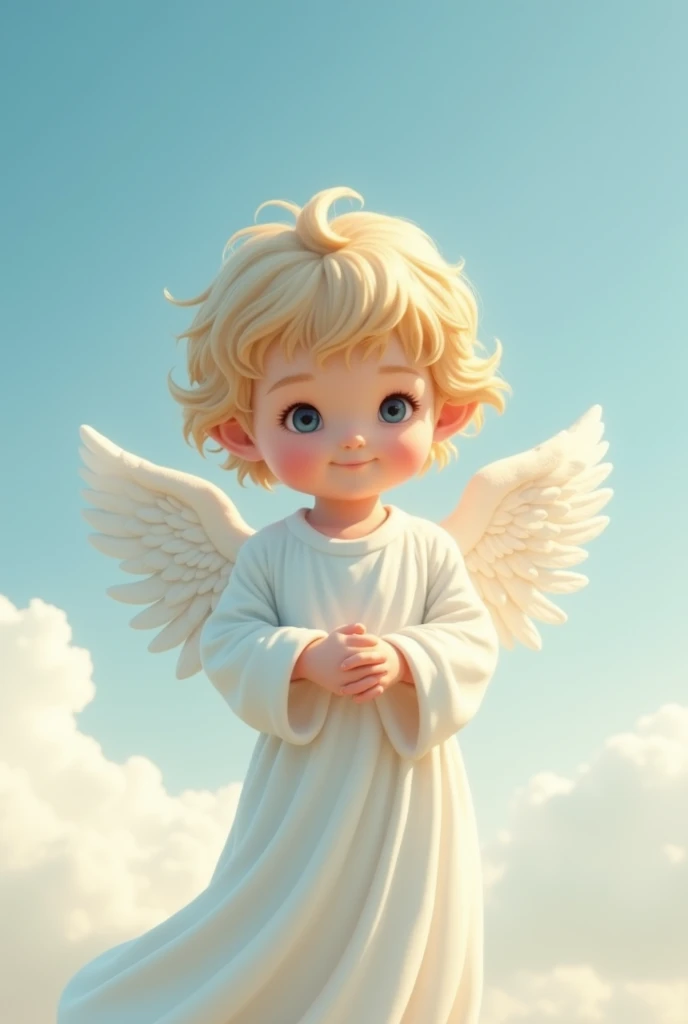 "Create an image of a guardian angel who looks like a child. The angel should have small, delicate wings with soft, shiny feathers. Dress him in a light, white robe that flows in an ethereal manner. The background could be a clear blue sky with soft clouds or a tranquil celestial landscape. The angel's expression should be innocent and welcoming, conveying a sense of protection and comfort."