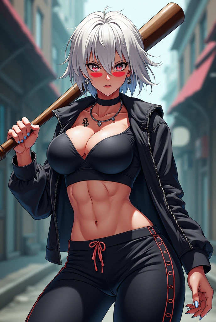 Anime version drawing of a female gang leader with an imposing presence, with short white hair and piercing eyes. His style is urban and aggressive, in boxing training clothes, complemented by visible tattoos and striking accessories. She carries a baseball bat.