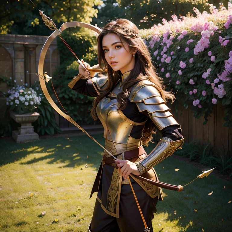 (​masterpiece, best quality:1.5), highest quality, High resolution, super detailed, Realists, Full body photo of a 22 year old brunette archer, detailed and beautiful eyes, beautiful detailed lips, very detailed eyes and face, longeyelashes, 22-year-old archer in noble gold armor with long trousers, Edle Details im Metal. Beautiful and colorful makeup, Instructions for bow and arrow, Gardens as background, soft daylight, bright colors, fine brushstrokes, Portrait style, beautiful color palette, glowing skin, First-class rendering, that captures every detail, enchanting atmosphere, subtle shadows and lights, (perfect anatomy:1.2), (The stunning 22-year-old archer with bow and arrow.  (magnificent panorama view:1.2)
