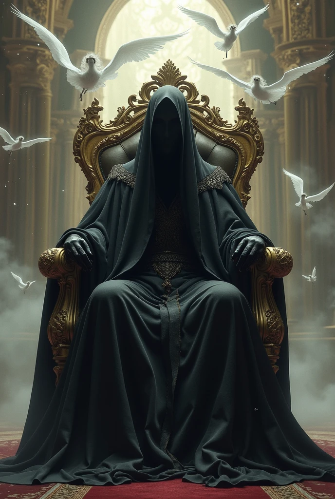 Black man sitting on a throne with a veil covering his face and a robe reaching the floor with many seraphim flying around