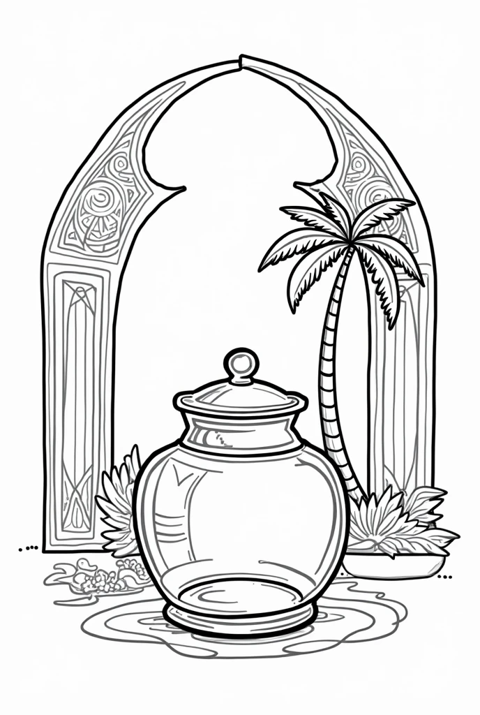 Create a drawing of the jar, The parabolic arch and the palm tree of Tacna, but let it be for coloring 