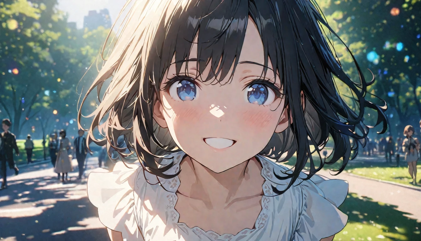 ((ultra-detailed))/ (one women with short black hair and bob hair.、beautiful blue eyes,.、smile、gentle smile on her face、flat chest, one Beautiful girl,((masterpiece, illustration, best quality) ((ultra-detailed))/), walking around central park, wearing a white dress,濃い青とBeautiful Blueのグラデーション, High resolution, 8K HD detail, hyper-detail, cinematic, surrealism, soft light, deep field focus bokeh, ray tracing and surrealism. --v6