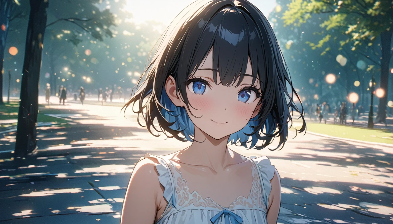 ((ultra-detailed))/ (one women with short black hair and bob hair.、beautiful blue eyes,.、smile、gentle smile on her face、flat chest, one Beautiful girl,((masterpiece, illustration, best quality) ((ultra-detailed))/), walking around central park, wearing a white dress,濃い青とBeautiful Blueのグラデーション, High resolution, 8K HD detail, hyper-detail, cinematic, surrealism, soft light, deep field focus bokeh, ray tracing and surrealism. --v6