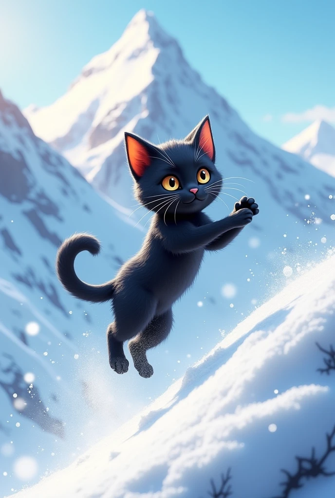 Cute black cat, Jumping off an avalanche