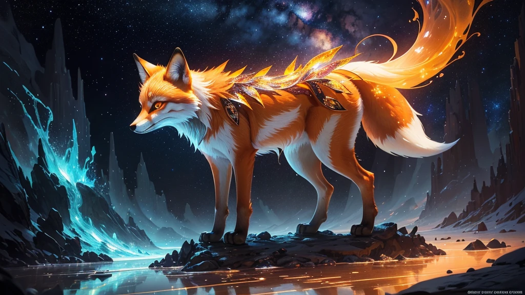 A stunningly detailed and photorealistic digital illustration of a fragile, translucent glass fox with iridescent amber hues. Thecrystalized fur is intricately adorned with filigree patterns, creating a mesmerizing texture. The fox emits a soft glowing bioluminescence, and its shimmering, sparkling coat is in extreme contrast and saturation against the starry night background. The enchanting fantasy artwork is set against a dramatic, high dynamic range (HDR) sky, showcasing the extreme contrast and vivid colors. The overall composition follows the rule of thirds, with the fox positioned at the intersection point, creating a visually stunning and dramatic scene.