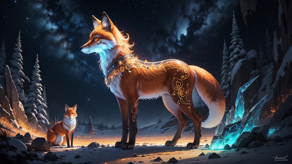 A stunningly detailed and photorealistic digital illustration of a fragile, translucent glass fox with iridescent amber hues. Thecrystalized fur is intricately adorned with filigree patterns, creating a mesmerizing texture. The fox emits a soft glowing bioluminescence, and its shimmering, sparkling coat is in extreme contrast and saturation against the starry night background. The enchanting fantasy artwork is set against a dramatic, high dynamic range (HDR) sky, showcasing the extreme contrast and vivid colors. The overall composition follows the rule of thirds, with the fox positioned at the intersection point, creating a visually stunning and dramatic scene.