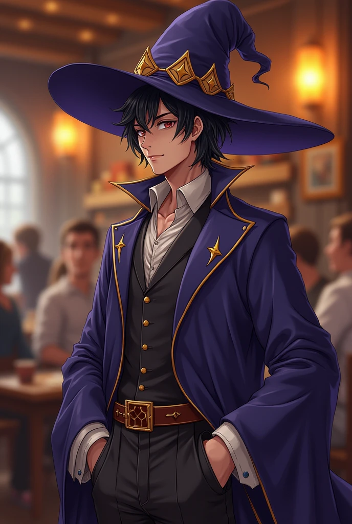 A male wizard with a large wizard hat, hanging out in your guild&#39;s tavern. anime styling, fancy.