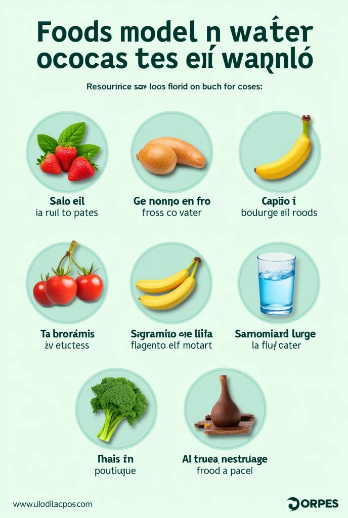 Make an eye-catching infographic in Brazilian Portuguese, about: Foods rich in water, and its benefits to human health.