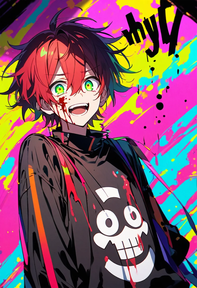 High resolution、Anime boy with red hair and green eyes looking at the camera.、bright Eyes、Wear black clothes、colorful background、my hair is messy、Shadow body、bleeding、blood splash、dying、Laugh