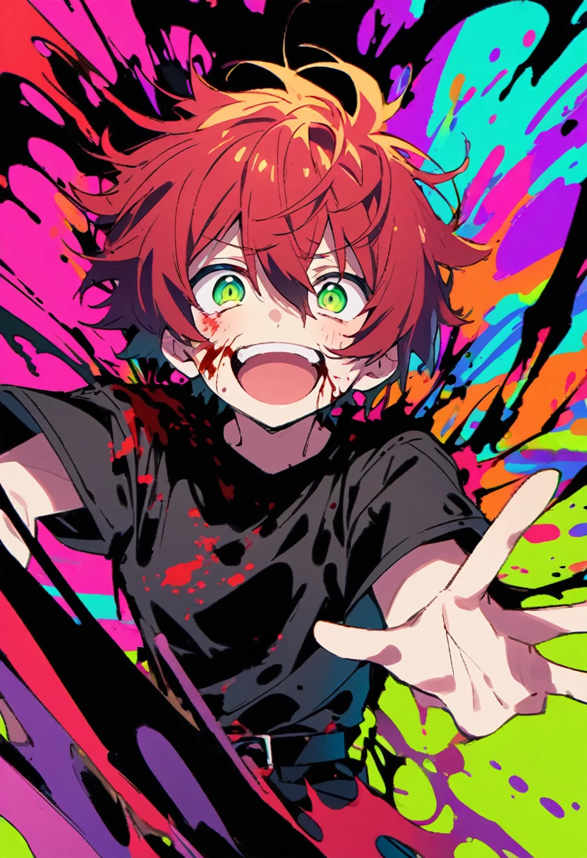 High resolution、Anime boy with red hair and green eyes looking at the camera.、bright Eyes、Wear black clothes、colorful background、my hair is messy、Shadow body、bleeding、blood splash、dying、Laugh