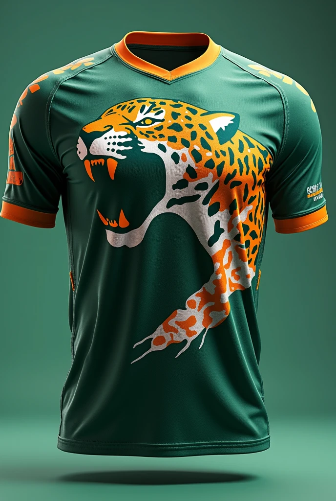 Complete athletic uniform in moss green and white colors, jaguar painted all orange camouflaging itself with the shirt with its mouth open on the lower left side of the shirt